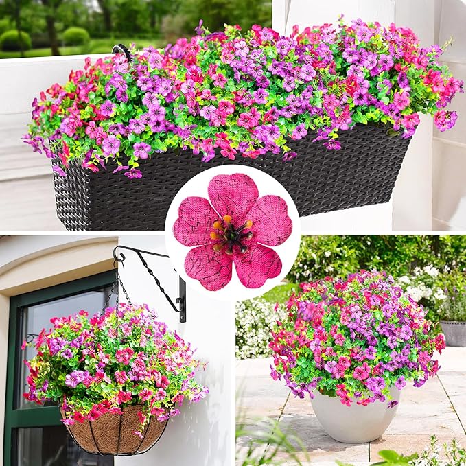 QUNPON Artificial Flowers for Outdoors,Faux Flowers Daisy with Eucalyptus Leaves for Indoor Garden Home Decoration,UV Resistant Artificial Flower Fake Plants for Porch Patio, 12 Bundles (Purple Pink)