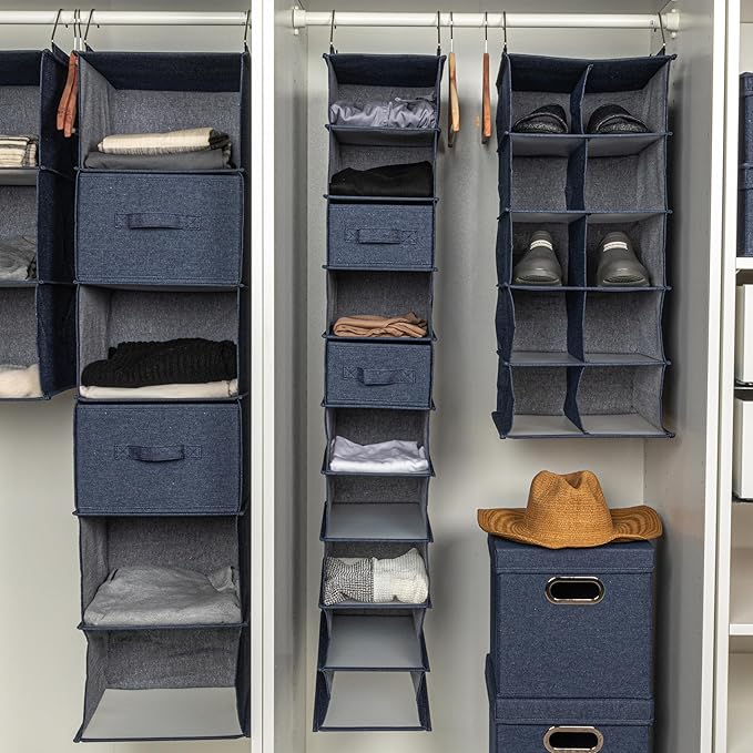 Collapsible Cotton Blend Rectangular Storage Drawer with Handle, Set of 2, Denim