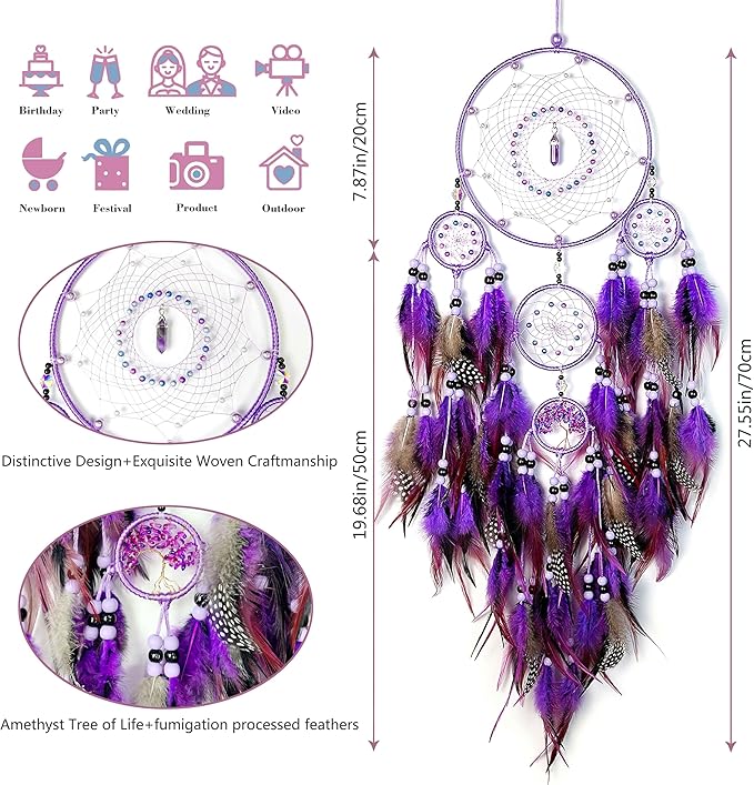 Large Dream Catchers, Boho Handmade Native Macrame Dream Catchers Wall Hanging for Bedroom Living Room Wedding Party Decor, Festival Blessing Gift for Kids Boys Girls (Purple & Black)