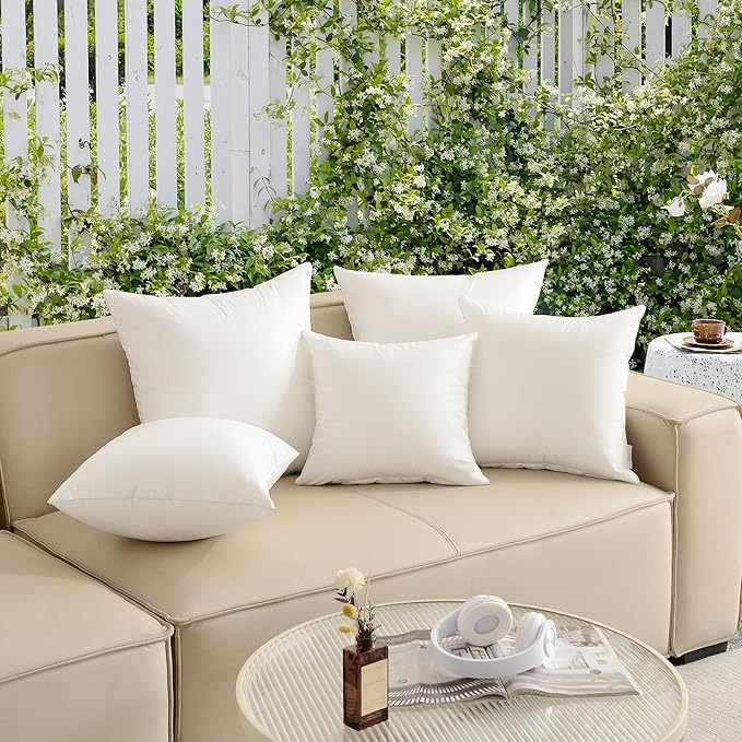 Oubonun 18x18 Outdoor Pillow Inserts (Pack of 4) - Square Waterproof Throw Pillow - Decorative Throw Pillows Insert for Couch Sofa Bed Patio Furniture - White Pillows