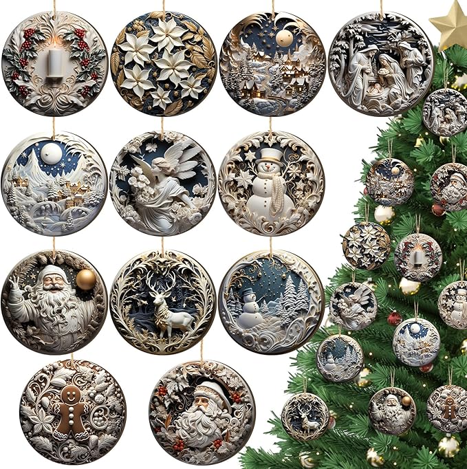 Suzile 36 Pcs Christmas Wooden Ornaments Vintage Christmas Decoration White Sculpture Hanging Decor Retro Round Santa Claus Snowman Tree Decoration for Farmhouse Xmas Home Wreaths Winter Party
