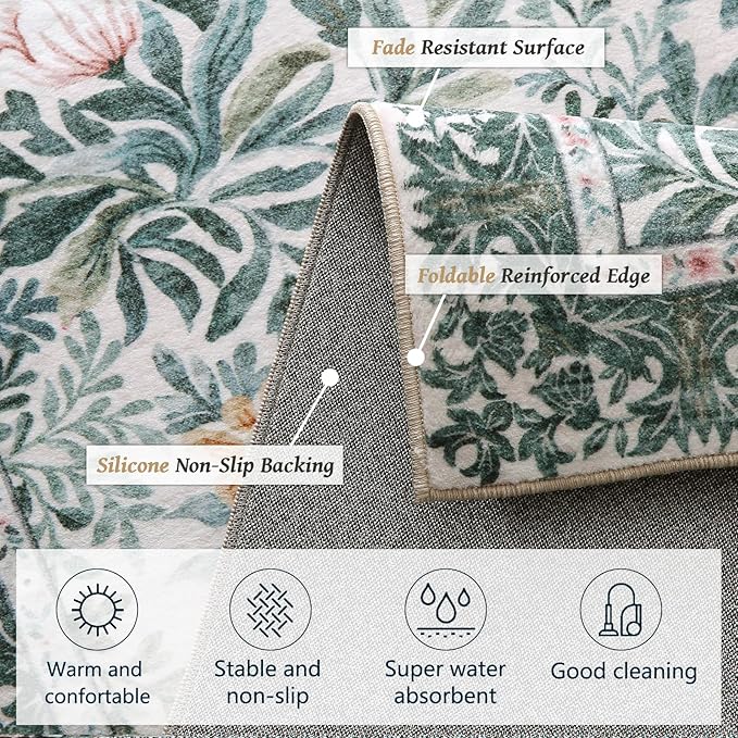 Botanical Floral Washable Entryway Area Rug 2x3 Light Green Cream Vintage Garden Design, Perfect for Soft Door Mat Indoor Entrance, Ultra-Thin Easy Clean Small Throw Carpet for Bedroom Bathroom