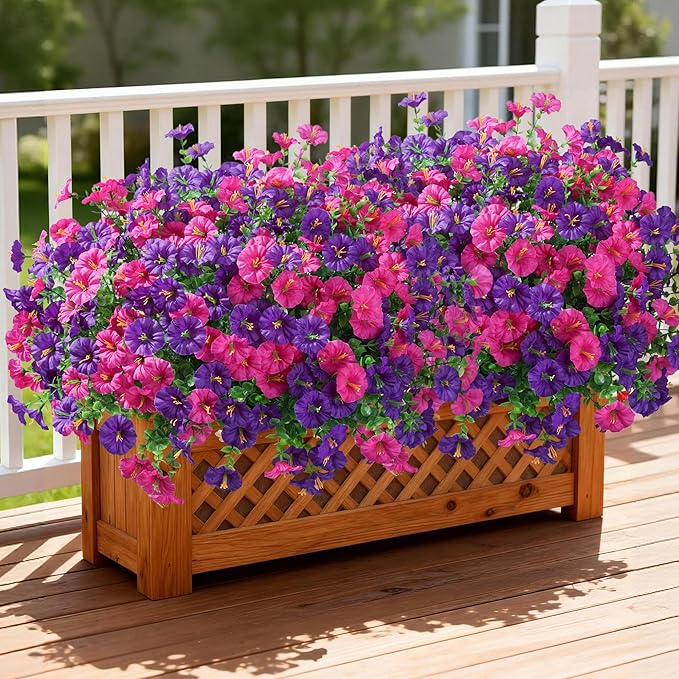 Ivydale 24 Bundles Artificial Flowers for Outdoors Spring Summer Porch Decor, Faux Petunias Plants Outdoor Realistic UV Resistant Silk Flowers for Outside Planters Patio Window Garden Yard Home