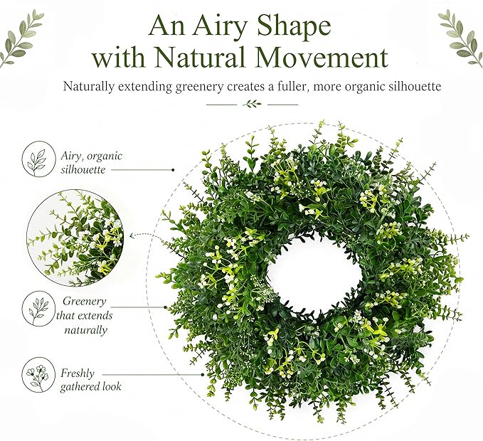 26 Inch Large Artificial Boxwood Wreath for Front Door All Season, Summer Wreaths with 2 Sashes, Baby's Breath, Eucalyptus and Flower Buds, Farmhouse Greenery Decor for Outdoor, Porch, Home