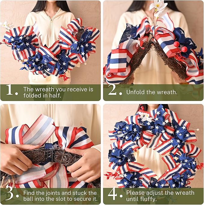 DecorbyHannah Patriotic Wreath for Front Door, 24 inch Large 4th of July Wreaths with Lights, Collapsible Red White Blue Burlap Bow Farmhouse Wreath Decorations for USA 250th Holiday