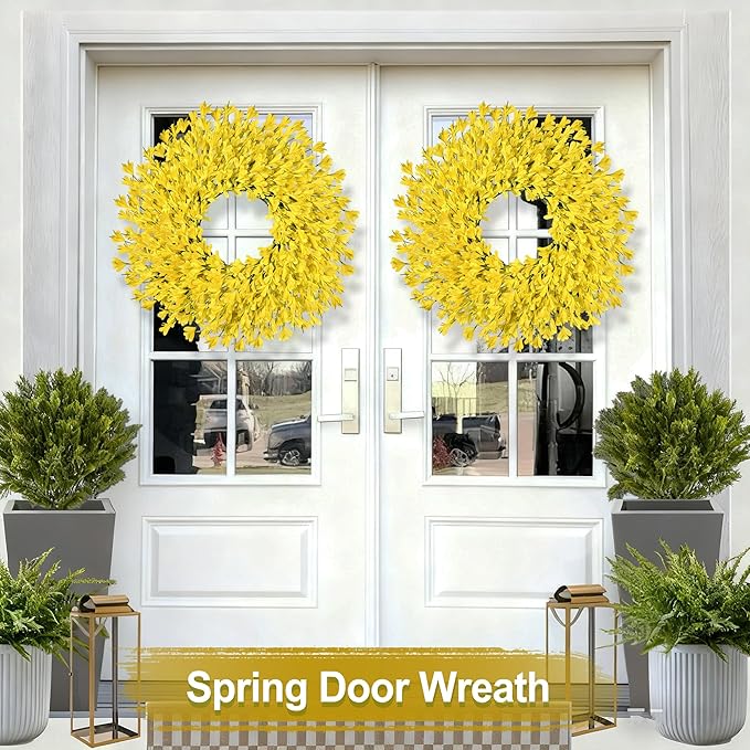 26 Inch Spring Wreaths for Front Door Large Easter Valentines Forsythia Floral Summer Spring Door Wreaths Outdoor All Season Spring Decorations for Home Porch Room Window Wall Farmhouse Decor (Yellow)