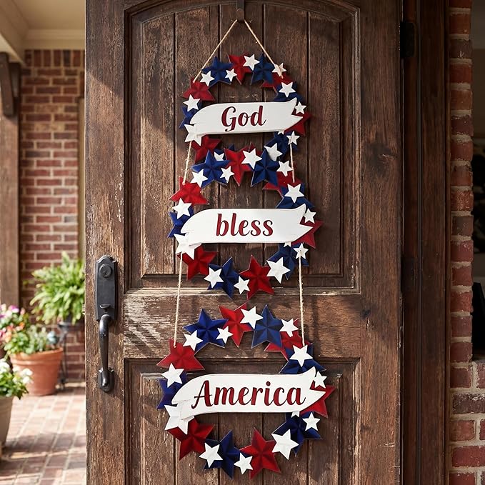 Peryiter 4th/Fourth of July Decoration 27 Inch Patriotic Wreath for Front Door Wooden Red White and Blue Star Sign Memorial Day God Bless America Decor for Porch Wall Outside, Assembly Required