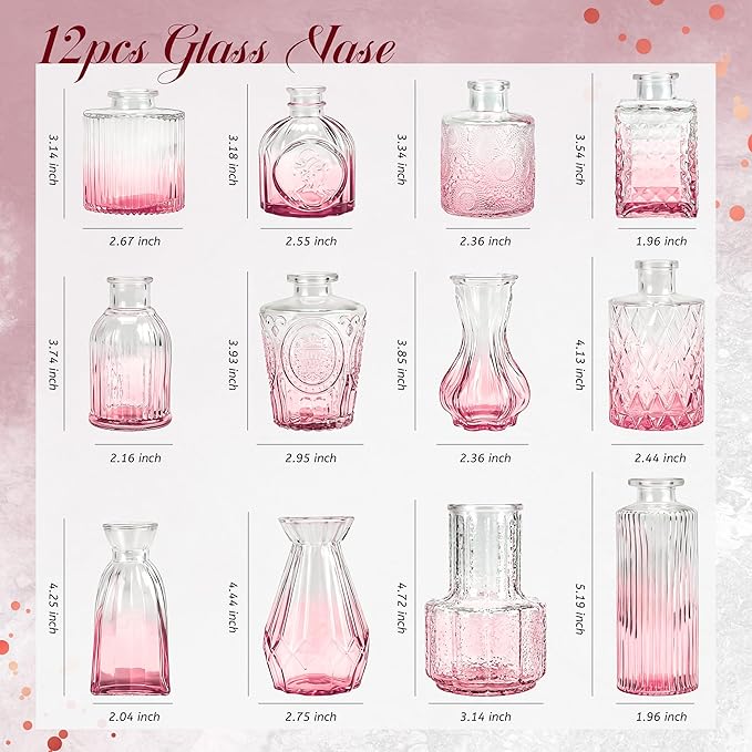 Der Rose Pink Vases Set of 12, Small Bud Vases for Flowers, Rustic Wedding Centerpieces and Home Decor