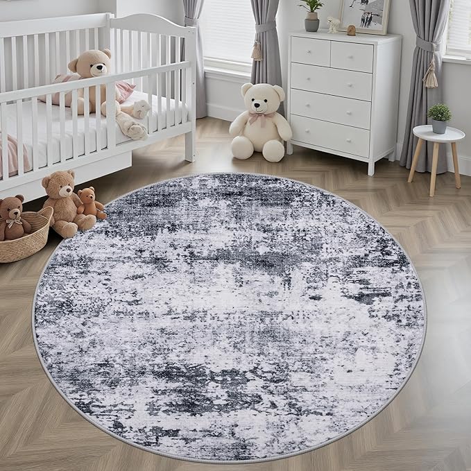 Round Area Rug for Living Room: 6 ft Washable Modern Abstract Soft Thin Rug Indoor Floor No Slip Stain Resistant Carpet for Bedroom Dining Room Farmhouse Nursery Home Office - Grey