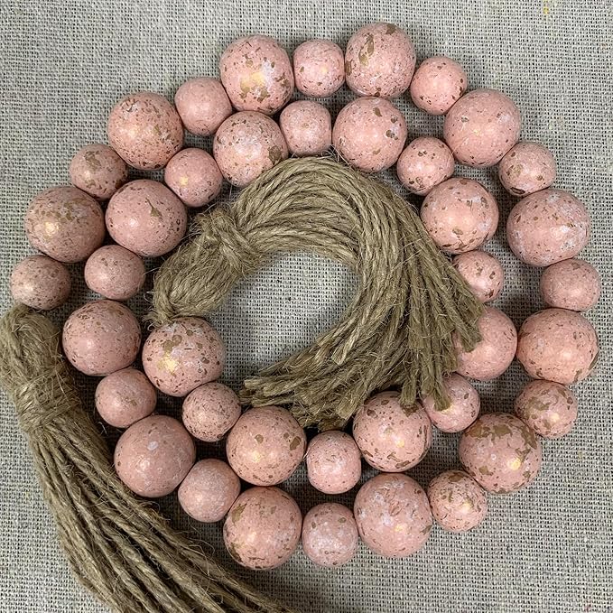 Handcrafted Farmhouse Wooden Decorative Beads Garland, Table Tray Boho Wood Beads with Tassel, Small Rustic Antique Decor for Home and Events (Rose Dawn Gold)