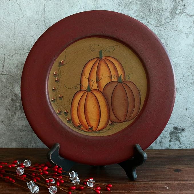 CVHOMEDECO. Primitive Antique Pumpkin Painted Wood Decorative Plate Halloween Display Wooden Plate Home Décor Art, 9-3/4 Inch