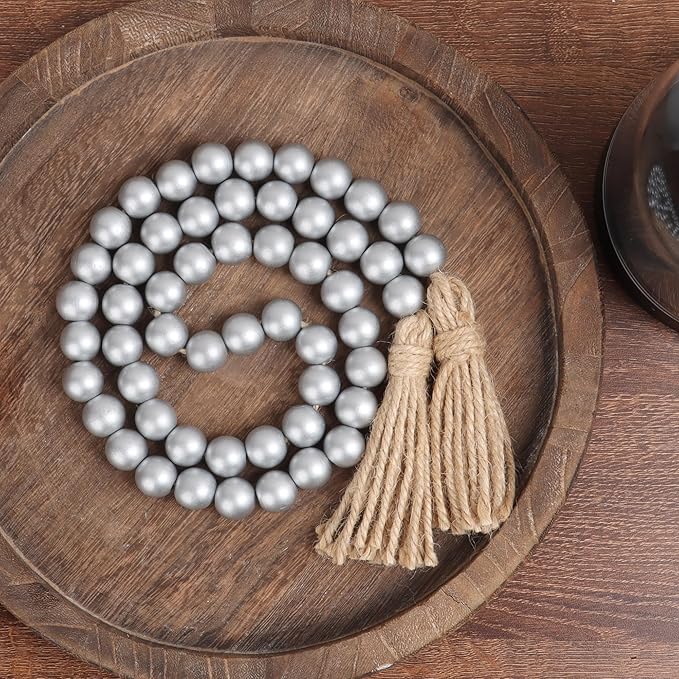 Meplait 39in Wood Bead Garland Farmhouse with Tassels,Versatile Prayer Beads Boho Chic Wall Hanging Home Decor(Silver)