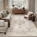 Taupe 8x10 Area Rug Washable Vintage Living Room Carpet Non Slip Retro Distressed Low Pile Soft Oriental Medallion Thin Large Throw Rug for Office Bedroom Dining Room Playroom