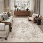 Taupe 8x10 Area Rug Washable Vintage Living Room Carpet Non Slip Retro Distressed Low Pile Soft Oriental Medallion Thin Large Throw Rug for Office Bedroom Dining Room Playroom