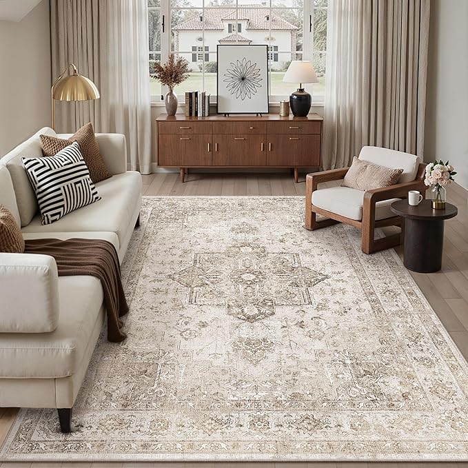 Taupe 8x10 Area Rug Washable Vintage Living Room Carpet Non Slip Retro Distressed Low Pile Soft Oriental Medallion Thin Large Throw Rug for Office Bedroom Dining Room Playroom