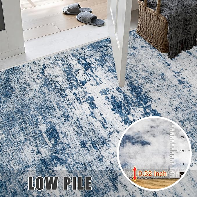 Round Area Rug for Living Room: 6 ft Washable Modern Abstract Soft Thin Rug Indoor Floor No Slip Stain Resistant Carpet for Bedroom Dining Room Farmhouse Nursery Home Office - Blue