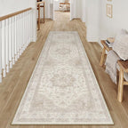 Beige Runner Rug 2'6"x12' Washable Vintage Carpet Hallway Kitchen Soft Retro Low Pile Thin Indoor Bedroom Non Slip Oriental Medallion Long Throw Rug for Bathroom Laundry Dining Room
