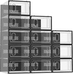 Shoe Storage, 12 Pack Shoe Organizer for Closet, Shoe Boxes Clear Plastic Stackable Shoe Containers with Lids for Size 10, Black