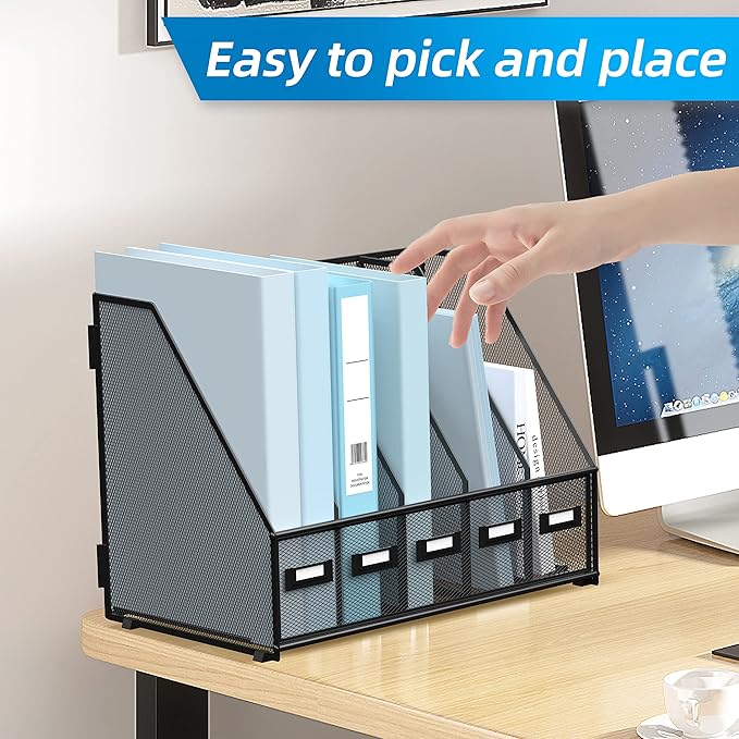 SUPEASY Desk Organizers Metal Desk Magazine File Holder with 5 Vertical Compartments Rack File Organizer for Office Desktop, Classroom, Home Workspace, Black