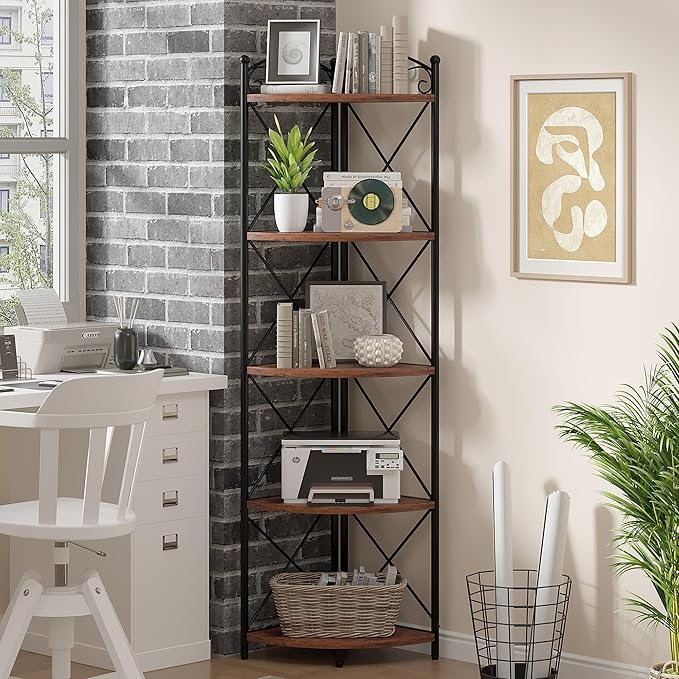 VECELO 5 Tier Corner Shelf Stand, 55.2" Tall Corner Bookshelf, Plant Stand, Rustic Brown Corner Storage Shelf for Living Room, Kitchen, Bedroom, Office