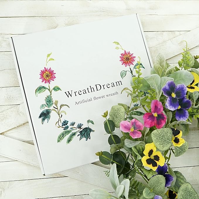 Artificial Spring Summer Wreath with Pansy Flowers,Flocked Lamb Ear Leaves,Eucalyptus Leaves,Fern Branches for Front Door Indoor Outdoor Farmhouse Wall Holiday Decor, White Gift Box Included
