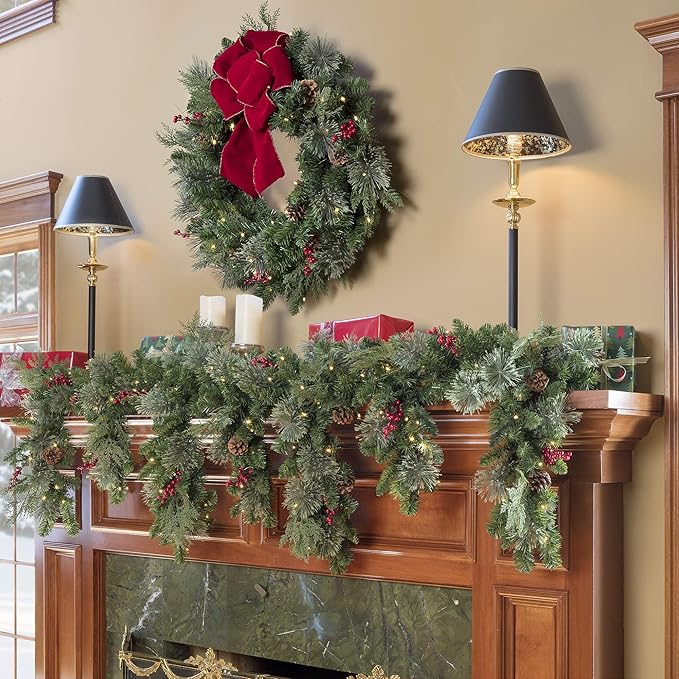 Haute Decor 6 Foot Christmas Pre-lit Holiday Swag for Fireplace Mantels with 100 Energy-Efficient Soft White LED Lights, Faux Berries, Real Pinecones and Built-in Timer