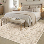 5x7 Beige Area Rug Washable Living Room Vintage Carpet Bedroom Distressed Non Slip Low Pile Thin Dining Room Office Medallion Accent Throw Rug