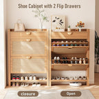 Rattan Shoe Storage Cabinet, Shoe Organizer with 2 Flip Drawers, Narrow Shoe Cabinet, Free Standing Hidden Shoe Storage, Shoe Rack for Entryway/Hallway/Closet, Natural Oak