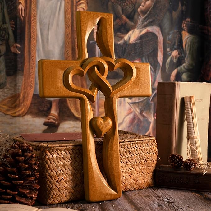 BGCOPPER Marriage Cross for Wall Love Wall Decor, Handmade Wooden Intertwined Heart Wall Cross for Wedding Valentine Christmas Gift (Wood, 10 Inch)