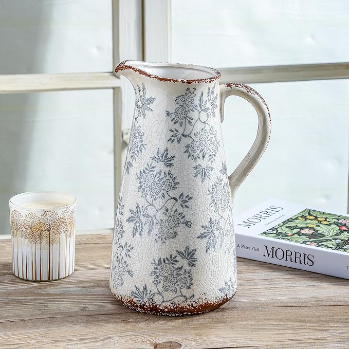 Enra Blue and White vase with Handle,12.2 inch Ceramic Vintage Decorative Flower Pitcher vase, Large Rustic Vases for Home Decors, Living Room, Bookshelf, Office