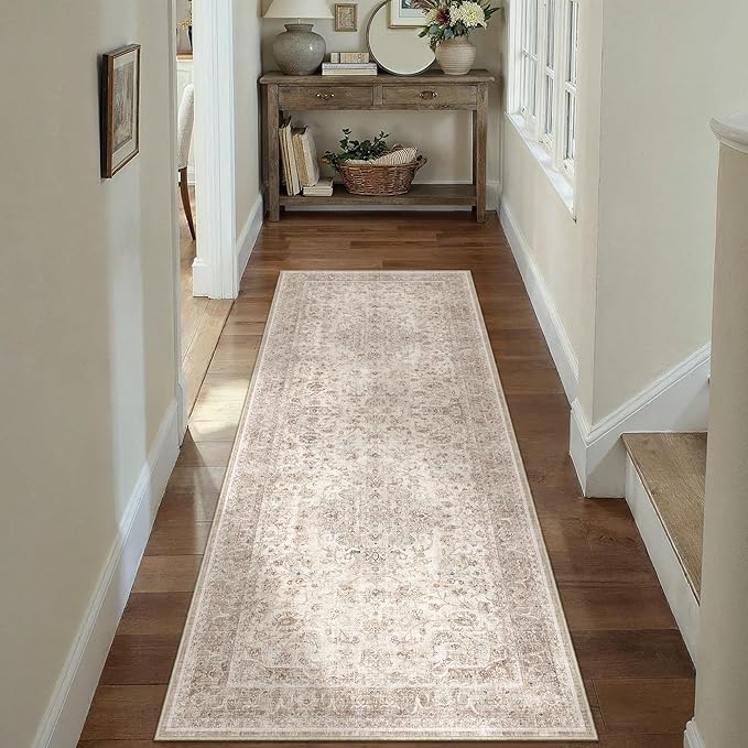 Beige 2x6 Runner Rug Washable Hallway Vintage Carpet Low Pile Non Slip Distressed Soft Traditional Retro Oriental Long Accent Throw Rug for Kitchen Bedroom Laundry Bathroom Dining Room