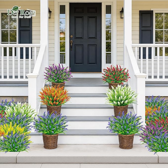 Der Rose 24 Bundles Artificial Flowers for Outdoors Fake Lavender Flowers UV Resistant Faux Plants Monkey Grass for Garden Porch Fence Patio Window Box Decor（Purple）