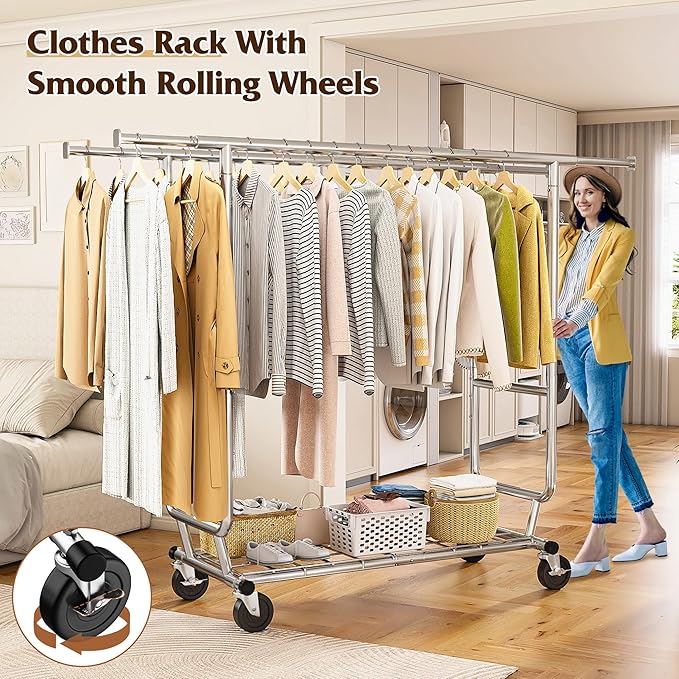 Raybee Clothes Rack Load 630LBS, Heavy Duty Clothes Rack, Rolling Clothing Racks for Hanging Clothes with Wheels, Adjustable & Commercial Garment Rack, 22" D x 75" W x 68" H