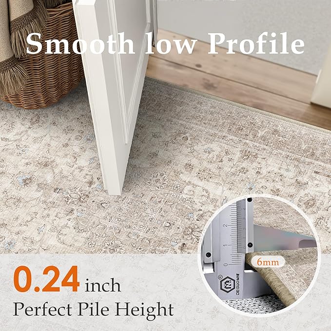 Beige 2x6 Runner Rug Washable Hallway Vintage Carpet Low Pile Non Slip Distressed Soft Traditional Retro Oriental Long Accent Throw Rug for Kitchen Bedroom Laundry Bathroom Dining Room