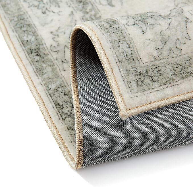 Green Area Rug 3x5 Washable Vintage Carpet Entryway Office Soft Retro Kitchen Low Pile Thin Door Mat Non Slip Oriental Medallion Throw Small Rug for Bathroom Bedroom Dining Living Room
