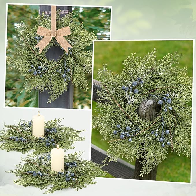 6 Pcs Small Blueberry Swags Spring Summer Wreath Mini Kitchen Candle Rings 3” Blue Berry Cabinet Wreaths with Retro Burlap Ribbon for Farmhouse Rustic Home Front Door Window Wedding Chair Wall