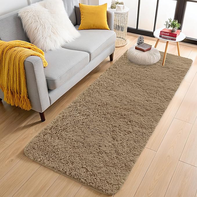 OLANLY 2x8 Machine Washable Runner Rugs for Hallway, Soft Fluffy Shaggy Bedside Rugs for Bedroom, Living Room, Indoor Floor Carpet for Kids Girls and Boys, Home Decor Aesthetic, Taupe