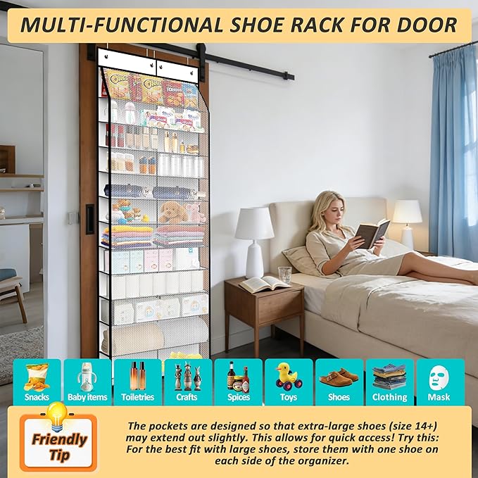 24-Pair Over Door Shoe Organizer for Family & Kids, Double Sided | Hanging Storage for Sneakers, Boots, Toys & Room Organization-Pearl White