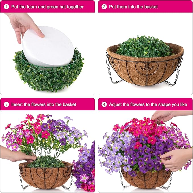 INSPRING Artificial Outdoor Flowers Hanging Baskets Faux Plants Spring Decoration, UV Resistant Fake Silk Morning Glory in Planter Look Real Petunias for Outside Patio Porch Balcony Garden Home, 4Mix