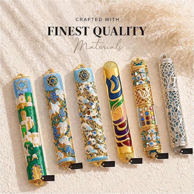 Matashi Gold Hand Painted Multi Color Enamel 6 inch Mezuzah Embellished with Hebrew Shin Home Door Wall Decor Home Décor Jewish Holiday Housewarming Present House Blessing Gift for Holiday Festival