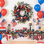 DecorbyHannah Patriotic Wreaths for Front Door, 22 inch 4th of July Wreath for Independence Day, Flag Day, Collapsible Red White Blue Wreath Decorations with Top Hat Ornament for USA 250th Holiday