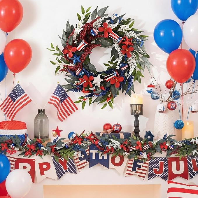 DecorbyHannah Patriotic Wreaths for Front Door, 22 inch 4th of July Wreath for Independence Day, Flag Day, Collapsible Red White Blue Wreath Decorations with Top Hat Ornament for USA 250th Holiday