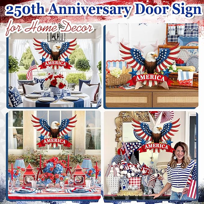 Wooden 4th of July Decoration Door Wreath for Front Door Sign America Eagle Wall Signs,250 Anniversary Independence Day Patriotic Day Wreath Welcome Memorial Day Hanging for Home Party Outdoor Indoor