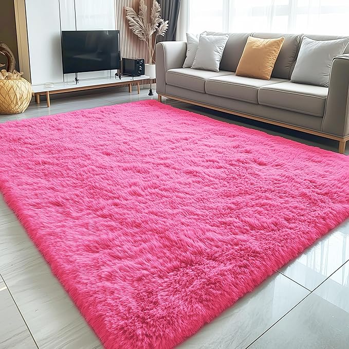 OLANLY 5x8 Machine Washable Large Area Rugs for Living Room, Bedroom, Soft Fluffy Shaggy Bedside Rug, Indoor Floor Carpet for Kids Girls and Boys, Dorms, Nursery, Home Decor Aesthetic, Hot Pink