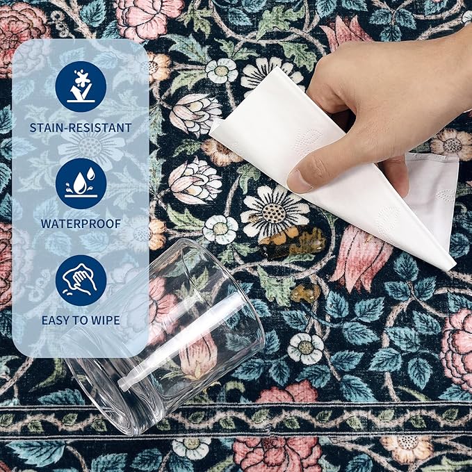GarveeHome Indigo Blue and Pink Vintage Floral Washable 8x10 Area Rugs for Living Room Boho Retro Rug Low Pile Stain Resistance Non Slip Carpet for Bedroom Nursery Dining Room
