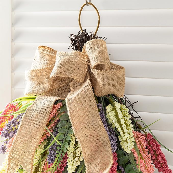 Glitzhome Pink, Purple & Yellow Mixed Heather Teardrop Swag 28" Artificial Spring Teardrop Swag Wreath for Front Door Porch Wall Window Decor