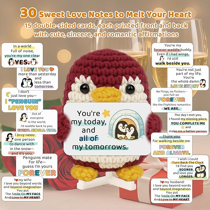 Crimmy Valentines Day Gifts for Him Her, Crochet Tiny Penguin Anniversary Birthday Gift for Boyfriend Girlfriend Wife Husband, I Love You Romantic Gifts for Women Men Couple (Love red Penguin)