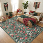 GarveeHome Green Vintage Floral Washable Rugs 8x10 for Living Room Boho Botanical Retro Rug Low Pile Stain Resistance Non Slip Carpet for Bedroom Nursery Dining Room