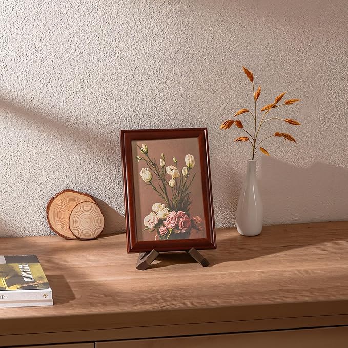 ANBOXIT Plate Stand for Display - 3 Pack 4.5 Inch Holder, Wooden Picture Frame Easel, Decorative Table Top Brown