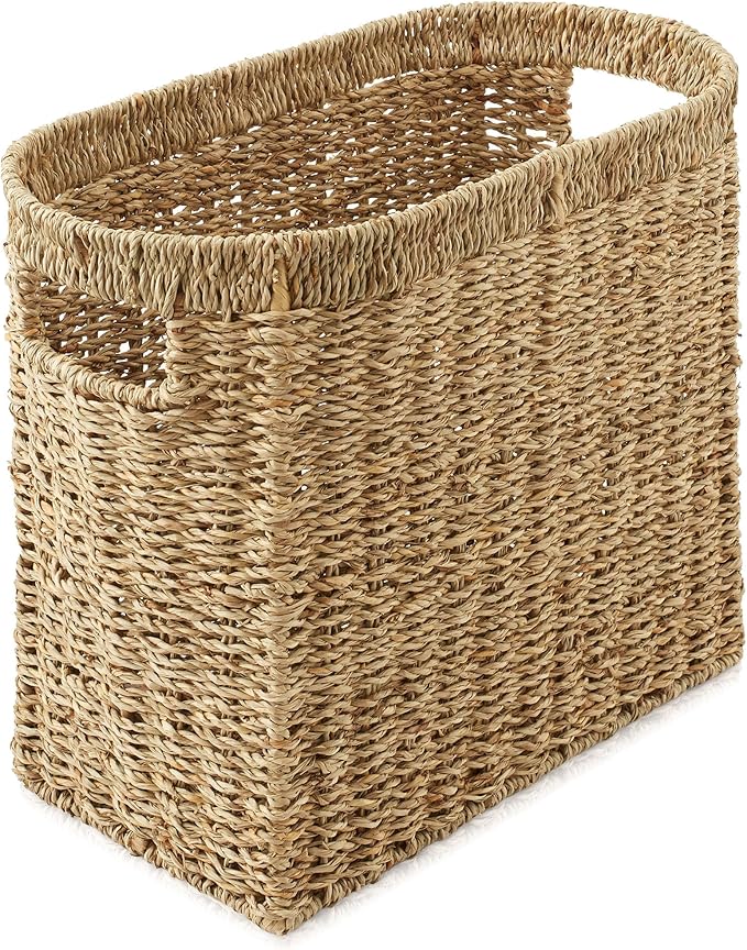 Casafield Woven Magazine Holder with Handles, Natural - Seagrass Storage Basket for Bathroom, Living Room, Home Office